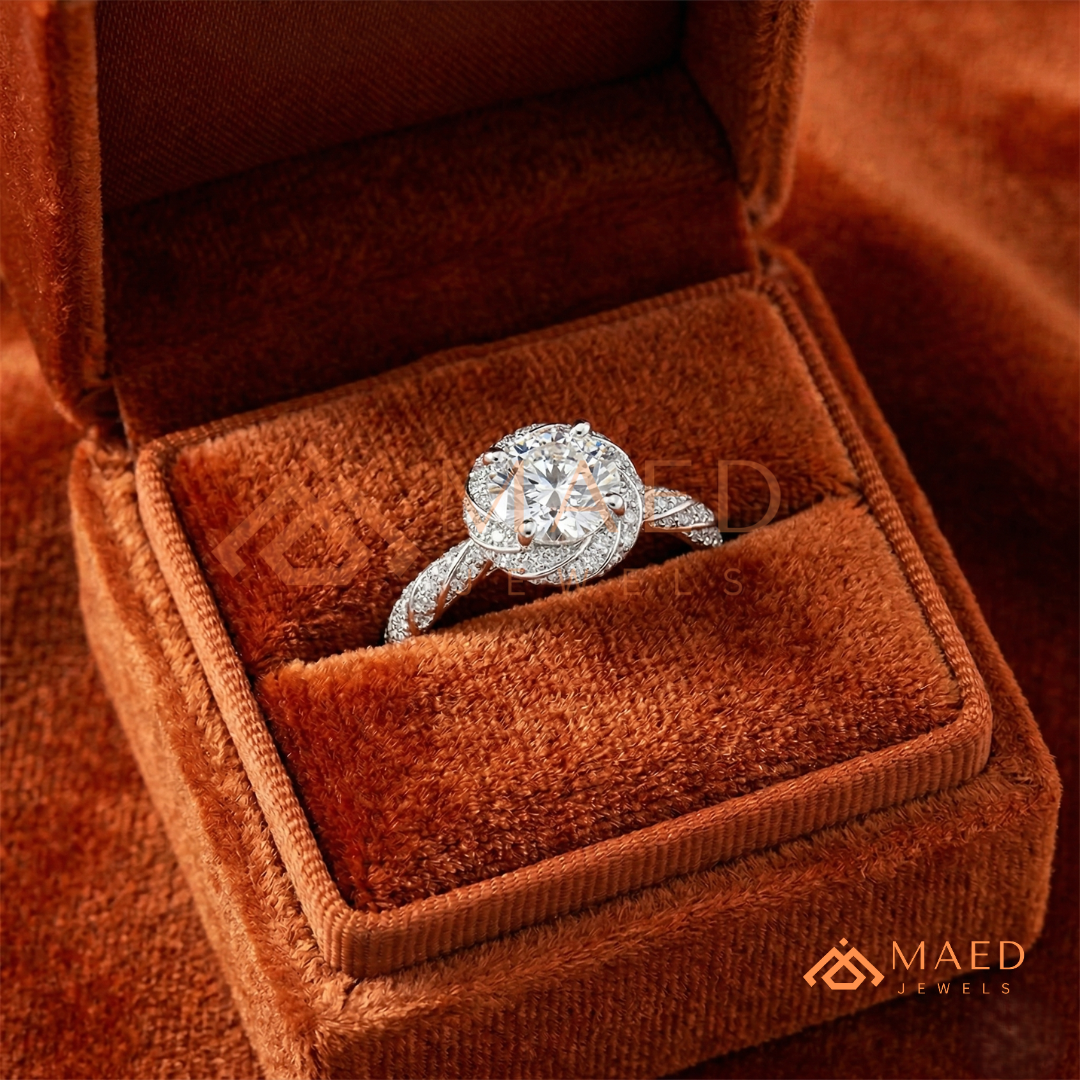 ound Cut Halo Twisted Band Promise Ring (Silver, 14K Yellow/Rose Gold)