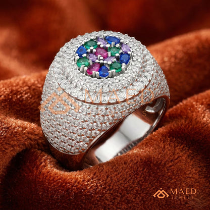 Heavy Multi-Color Iced Medallion Ring – 925 Silver, 14K Gold & Rose Gold