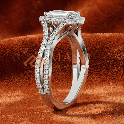 Emerald Cut Starburst Halo Engagement Ring | Split Shank Band in 14k Gold, Rose Gold & Silver