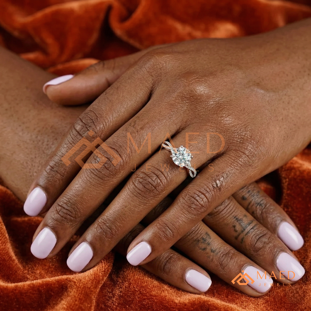 Round Cut Engagement Ring with Twisted Pavé Band in Silver, 14K Gold, & 14K Rose Gold