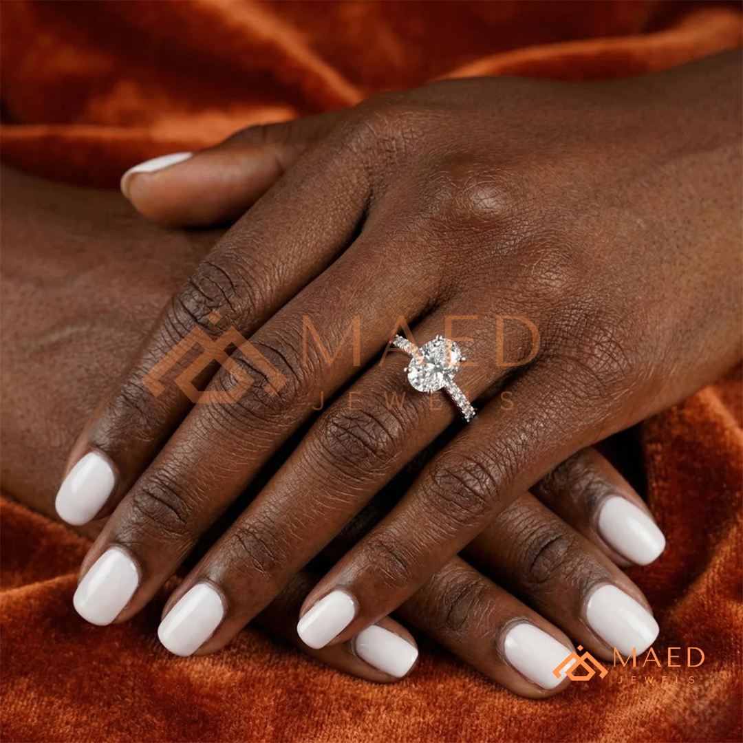 Oval Cut Engagement Ring with Shared Prong Band | 14k Gold, Rose Gold & Silver