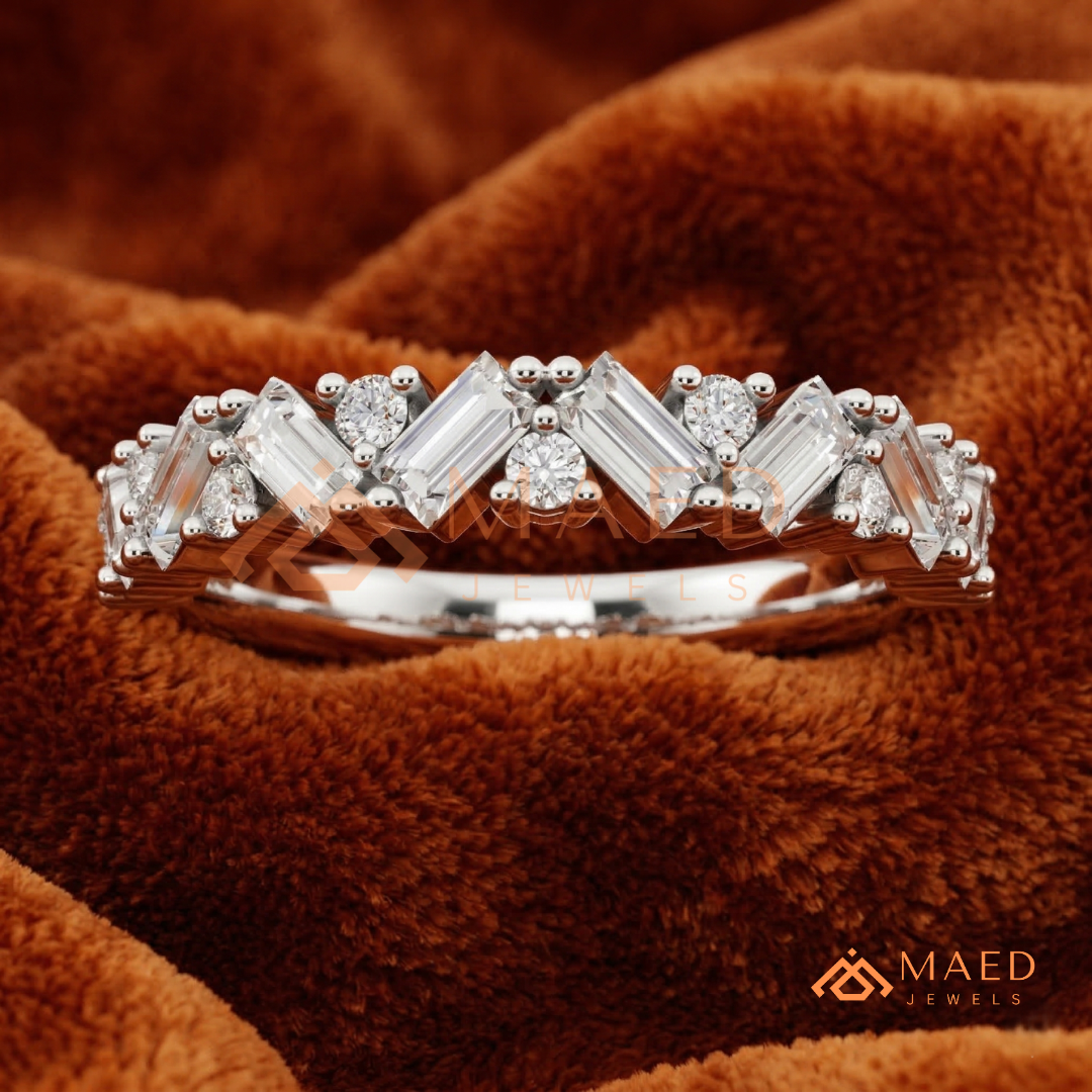 Angled Baguette & Round Cut Chevron Wedding Band | Crown Moissanite Tiara Ring in Silver, 14K Gold, & Rose Gold