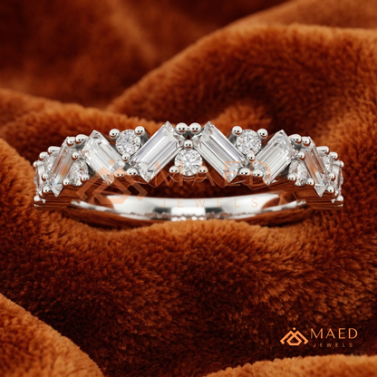 Angled Baguette & Round Cut Chevron Wedding Band | Crown Moissanite Tiara Ring in Silver, 14K Gold, & Rose Gold