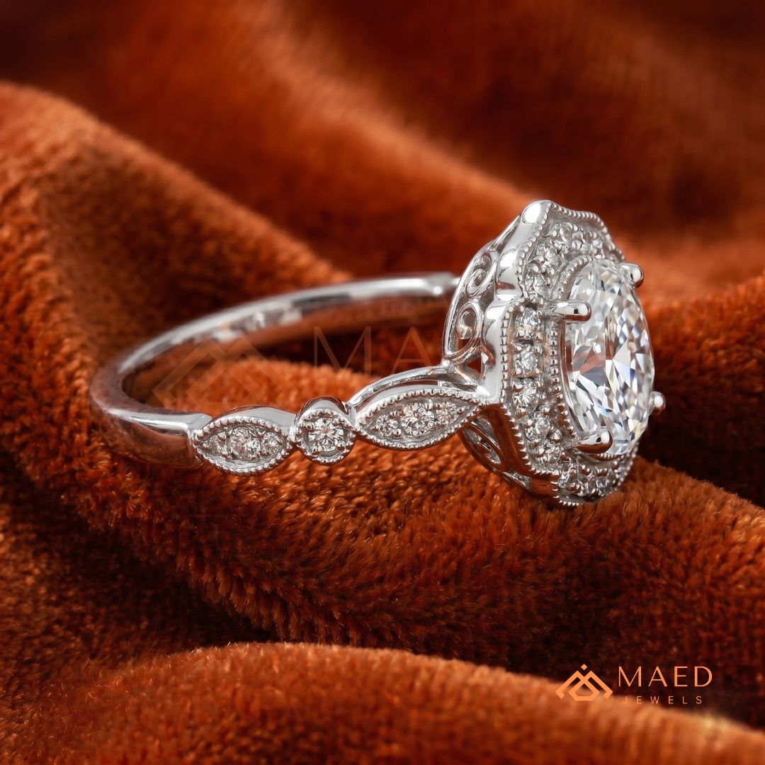 Vintage Oval Cut Art Deco Halo Engagement Ring | Milgrain Band in 14k Gold & Silver