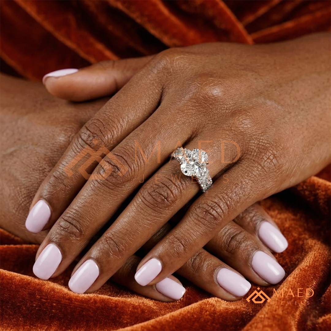 Elongated Oval Cut Engagement Ring with Full Oval Eternity Band | 14k Gold & Silver