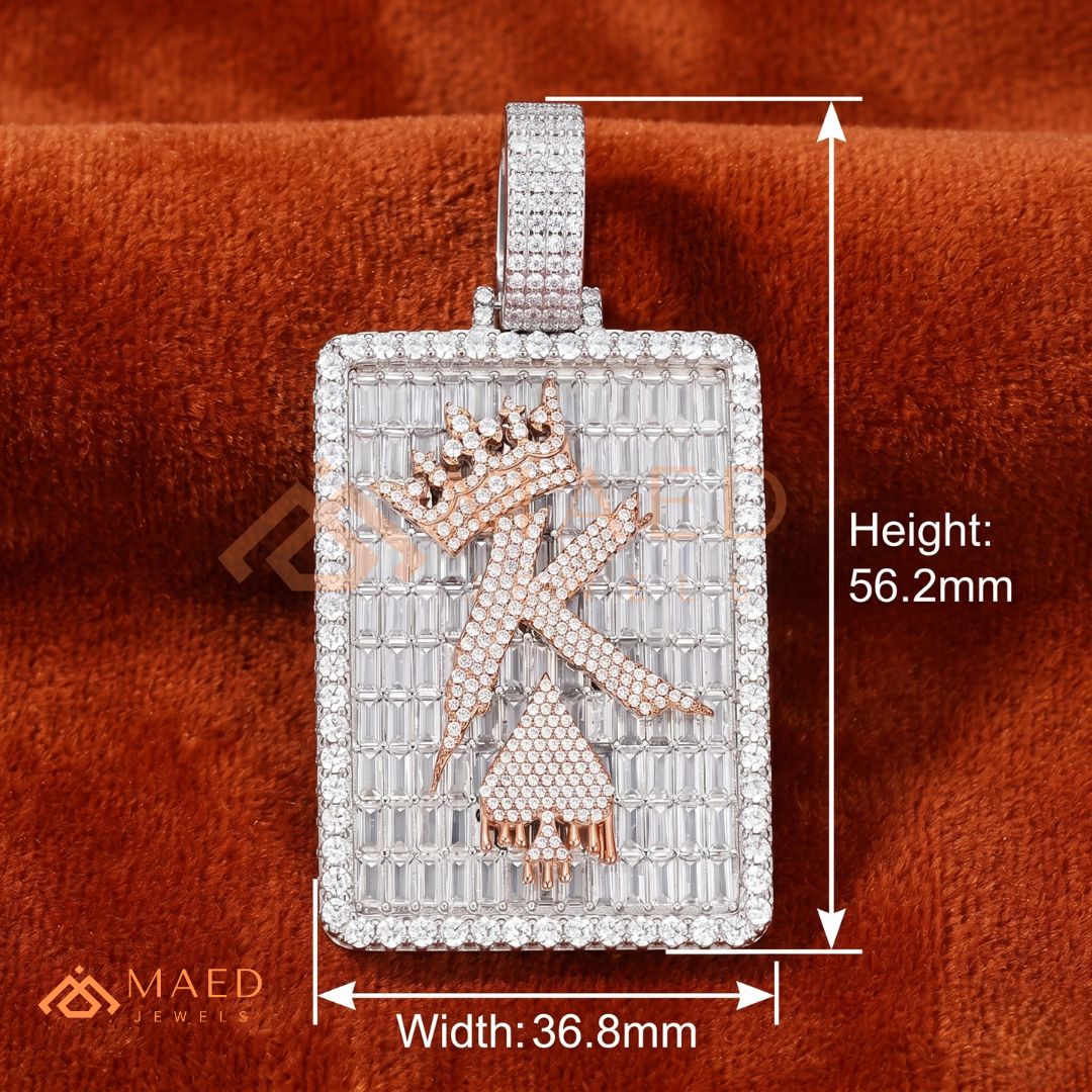 Iced Out King of Spades Dog Tag Pendant – 14K Gold, Rose Gold & Silver Baguette Custom "K" Charm
