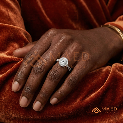 Round Halo Engagement Ring with Twisted Pavé Band – Sterling Silver, 14K Gold, or 14K Rose Gold