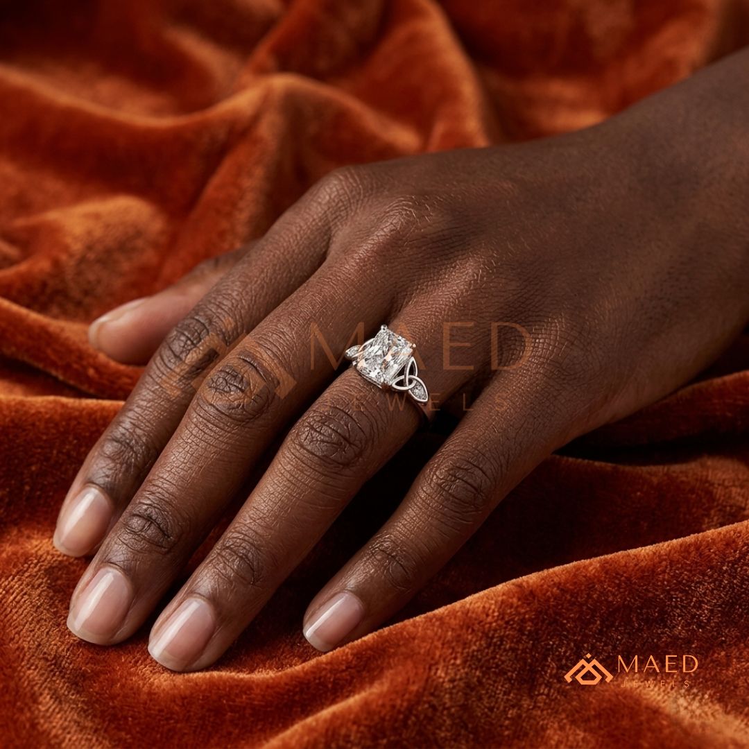 Radiant Cut 3-Stone Engagement Ring with Pear Side Gems & Pavé Band