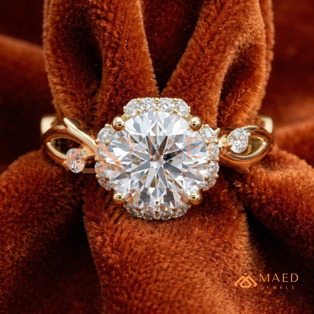 Round Cut Floral Halo Engagement Ring with Twisted Infinty Band in 14K Gold, Rose Gold & Silver
