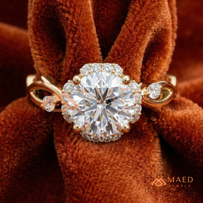 Round Cut Floral Halo Engagement Ring with Twisted Infinty Band in 14K Gold, Rose Gold & Silver