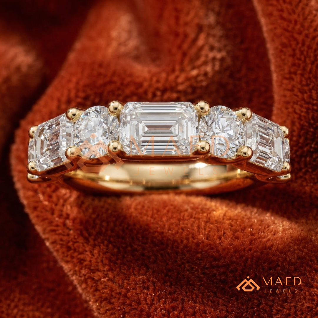 5-Stone Mixed Cut Diamond Wedding Band | Emerald & Round Moissanite Anniversary Ring in Silver, 14K Gold, & Rose Gold