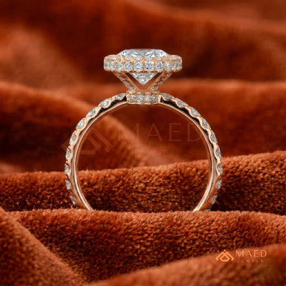 Oval Cut Halo Engagement Ring with Pavé Band in Silver, 14K Gold, & 14K Rose Gold