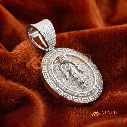 925 Sterling Silver Micro Pave Angel Medallion Pendant with Greek Key Border