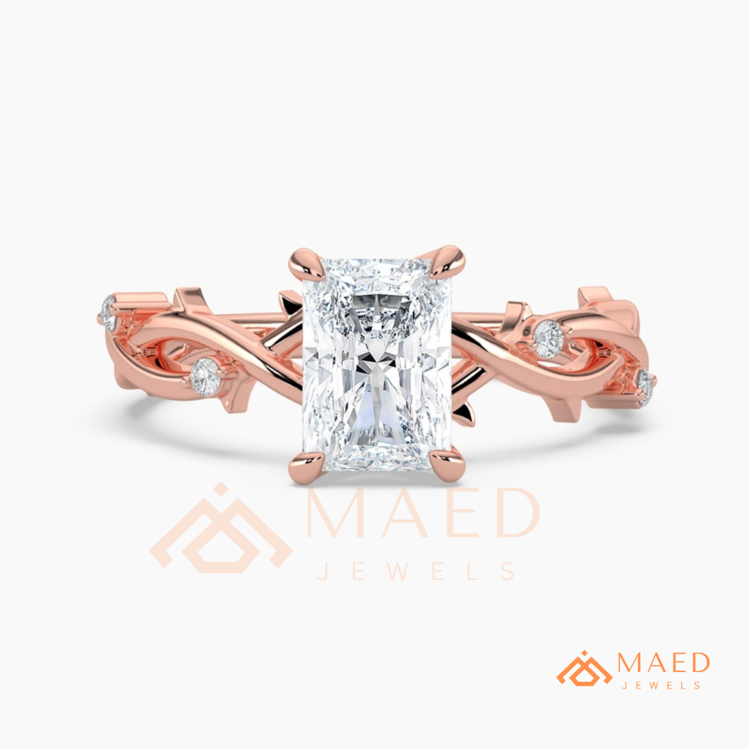 Enchanted Vine Radiant Cut Ring | Nature-Inspired Branch Wedding Band | 14K Gold, Rose Gold & Sterling Silver