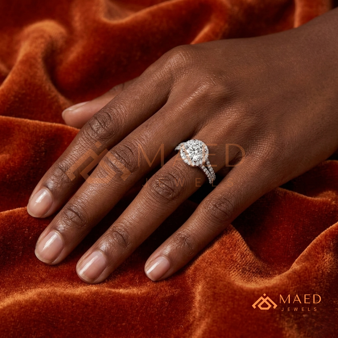 Round-Cut Halo Engagement Ring with Split-Shank Pavé Band