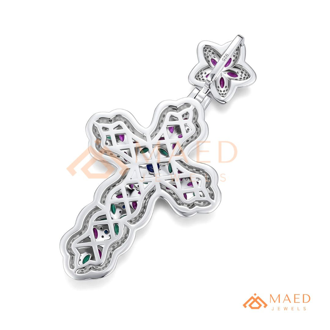 Iced Out Baroque Cross Statement Pendant with Pink & Green Stones