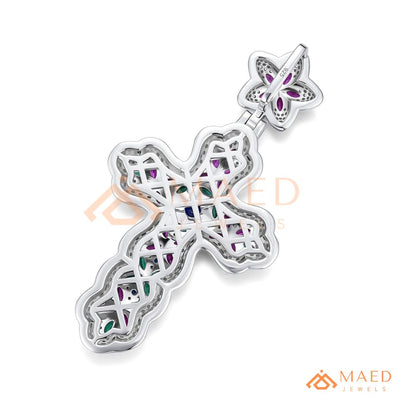 Iced Out Baroque Cross Statement Pendant with Pink & Green Stones