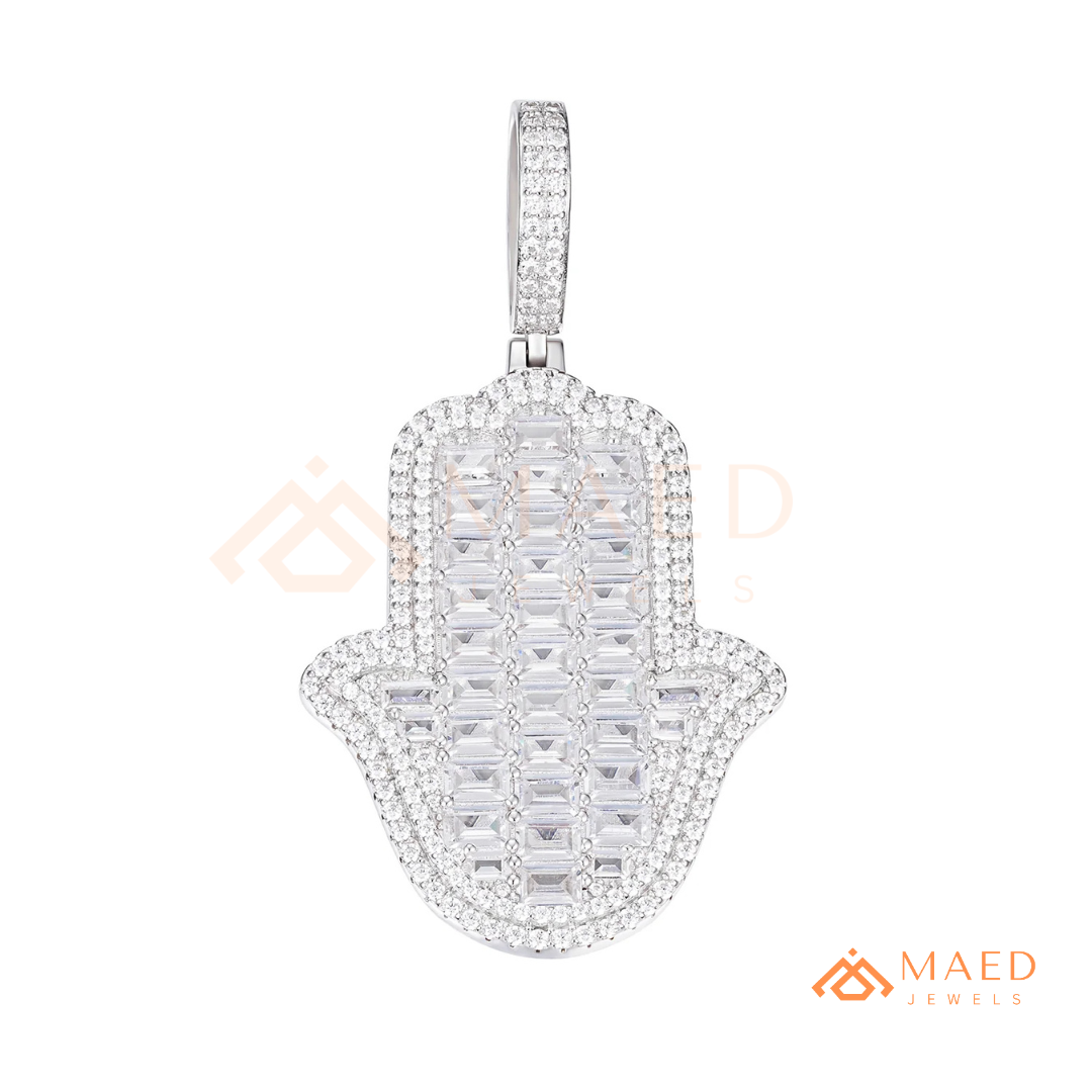 Iced Out Emerald Cut Hamsa Pendant | Sterling Silver, 14K Gold & Rose Gold