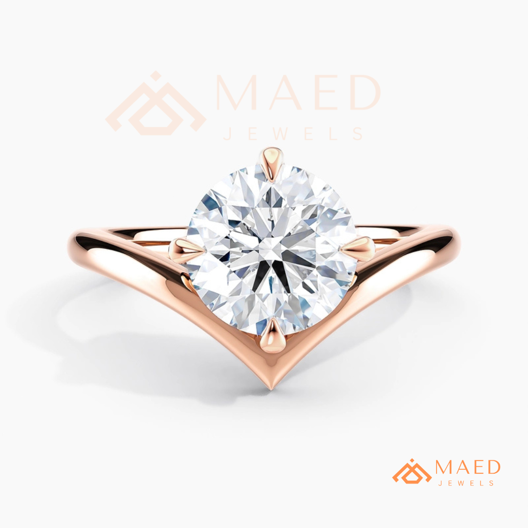 Round Cut Chevron Engagement Ring | V-Shaped Band Solitaire in Silver, 14K Gold, & 14K Rose Gold