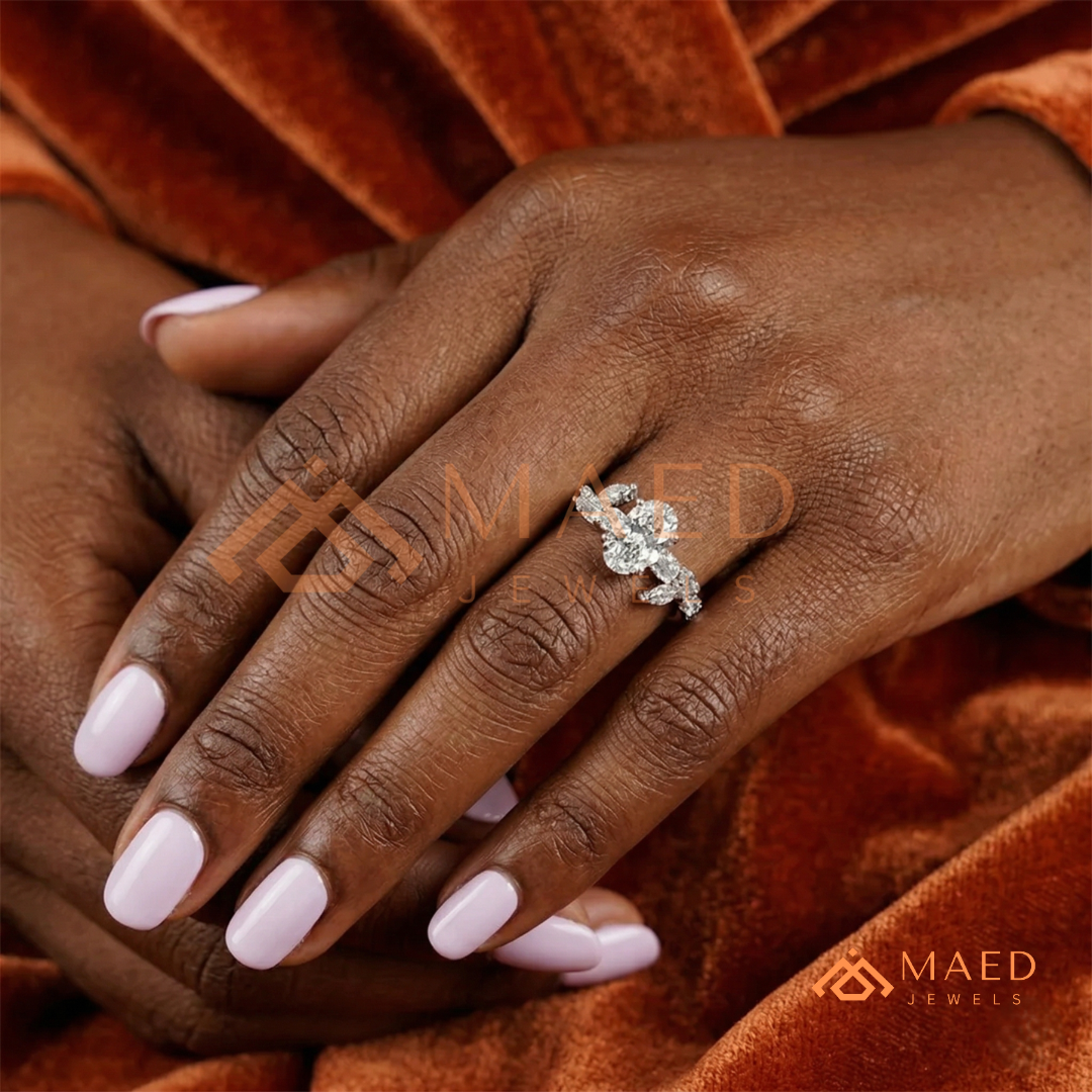Asymmetric Oval Cut Cluster Engagement Ring | Marquise Leaf Vine Band