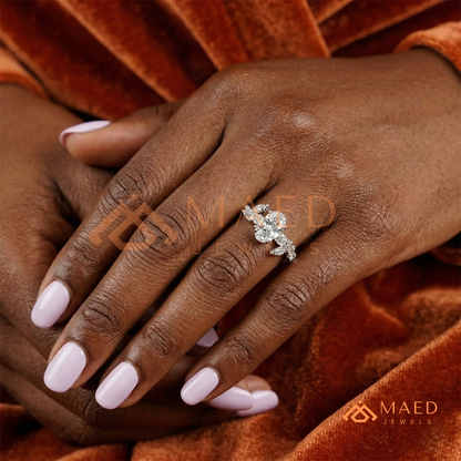 Asymmetric Oval Cut Cluster Engagement Ring | Marquise Leaf Vine Band