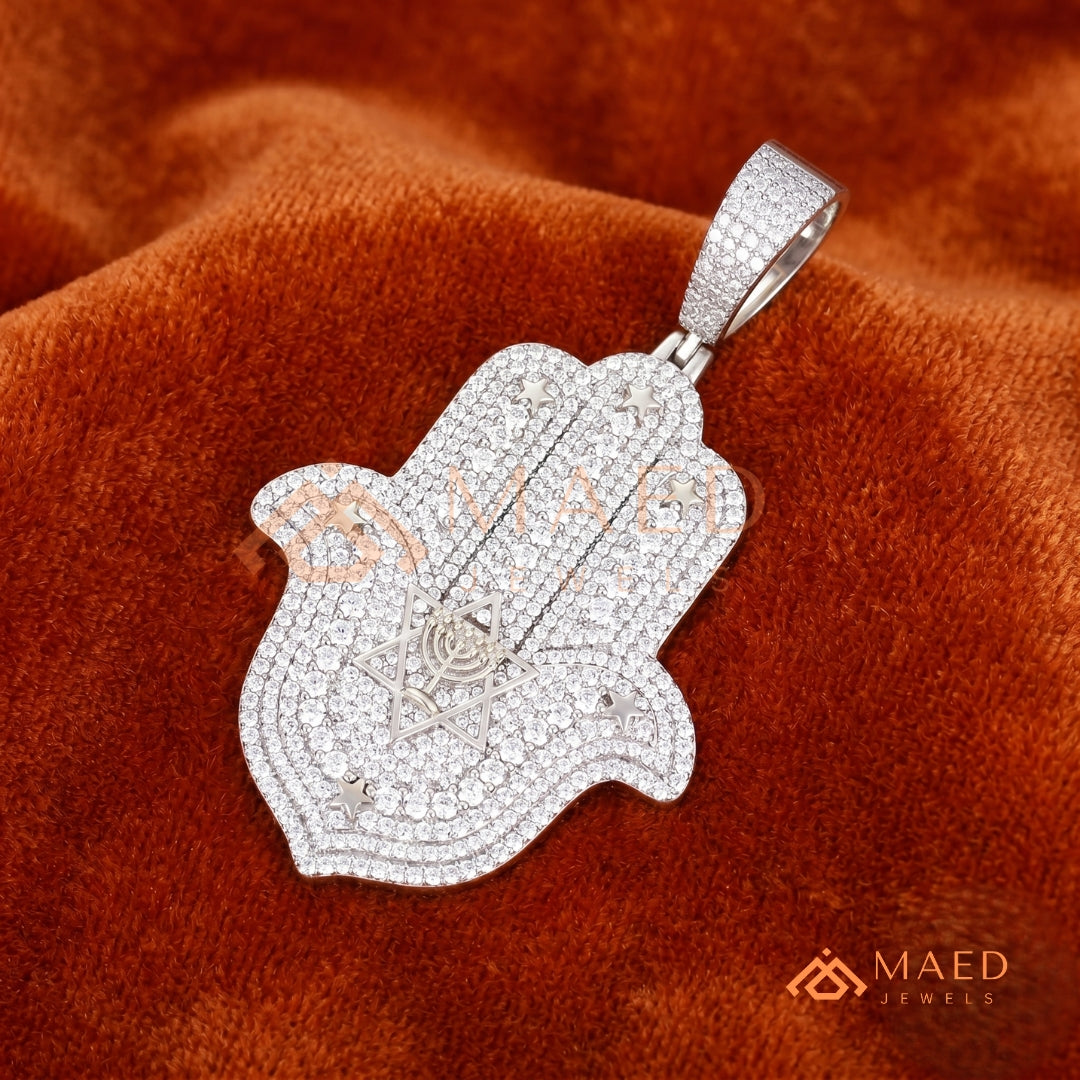Iced Out Hamsa Hand Pendant Necklace | Sterling Silver, 14K Gold & Rose Gold