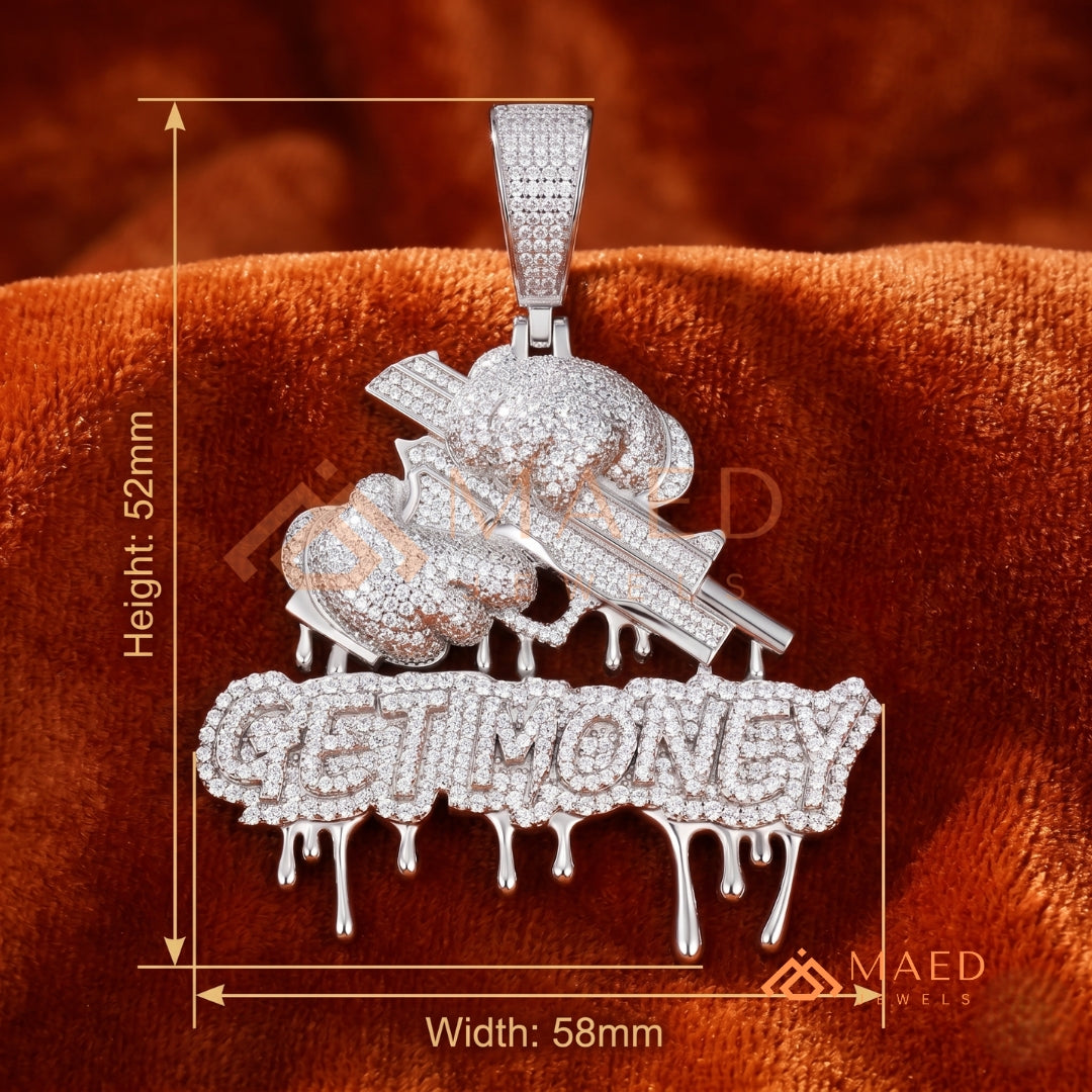Iced Out "GET MONEY" Drip Pendant – 14K Gold, Rose Gold & Sterling Silver Hip Hop Charm
