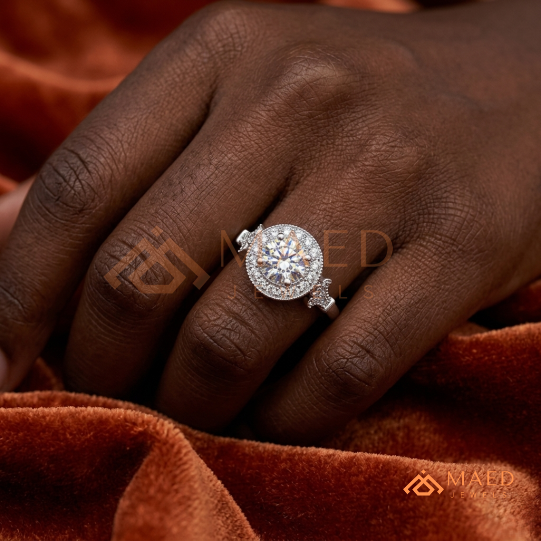Vintage-Inspired Round Halo Engagement Ring with Milgrain Detail in 14K Gold, Rose Gold or Silver