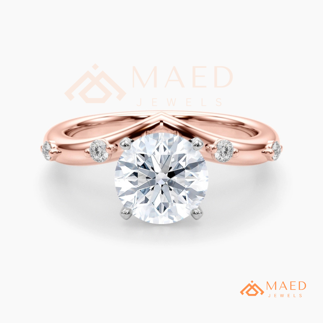 Round Cut Chevron Engagement Ring in Sterling Silver, 14K Gold & 14K Rose Gold