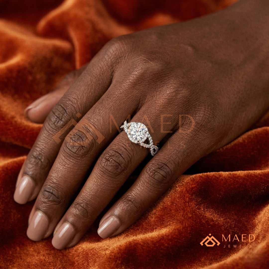 Entwined Infinity Halo Diamond Simulant Ring in 14K Yellow Gold, Rose Gold & Silver