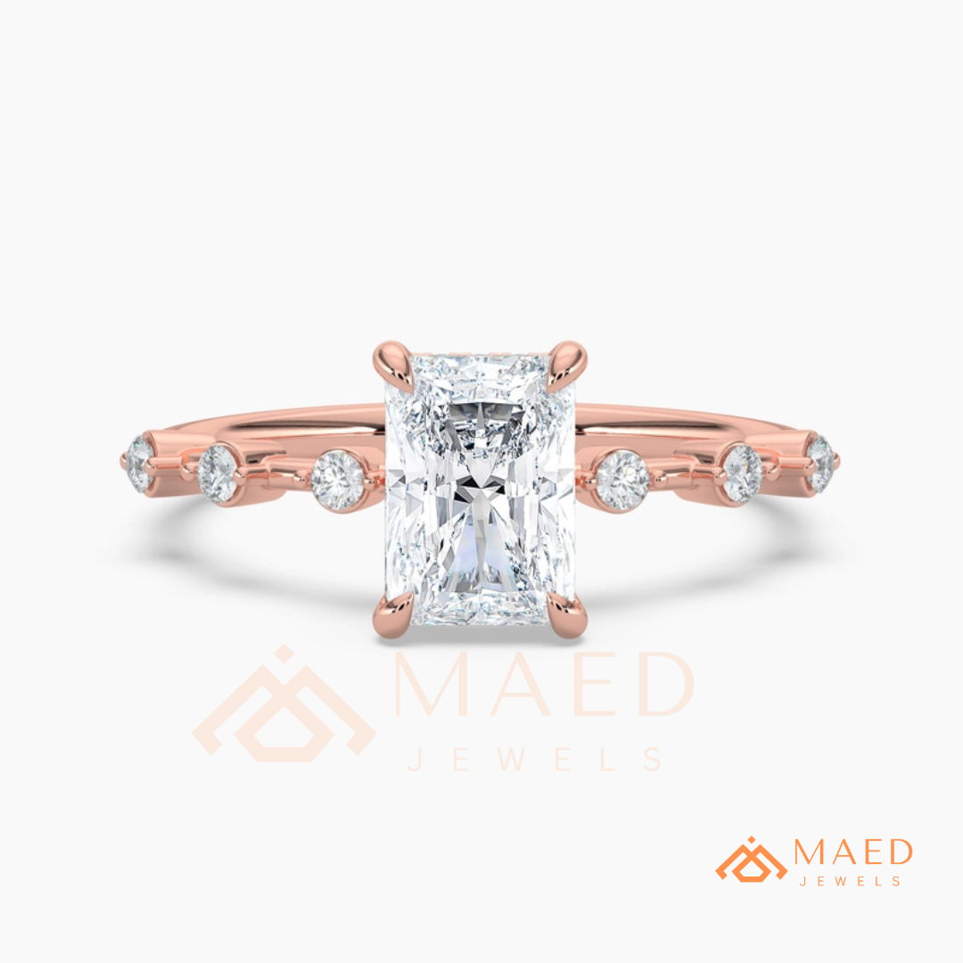 Radiant Cut Moissanite Engagement Ring in Sterling Silver, 14K Gold & Rose Gold | Art Deco Bezel-Set Accent Band