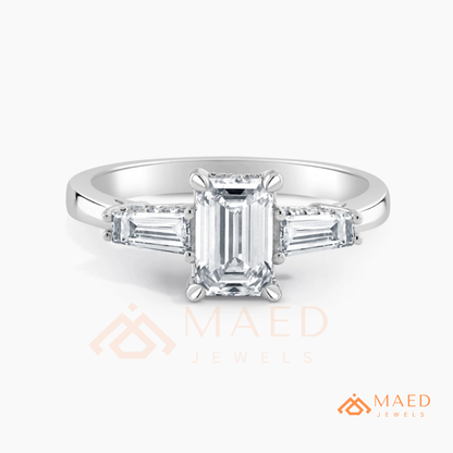Emerald Cut Three-Stone Engagement Ring with Tapered Baguettes in Silver, 14K Gold, & 14K Rose Gold