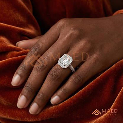 Art Deco Emerald Cut [Gemstone Type] Bezel Halo Ring in 14K Yellow Gold, Rose Gold & Silver
