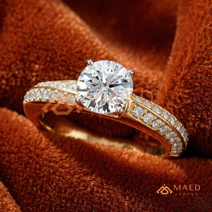 Round Brilliant Cut Ring with Double Row Pavé Band | 14k Gold, Rose Gold & Silver
