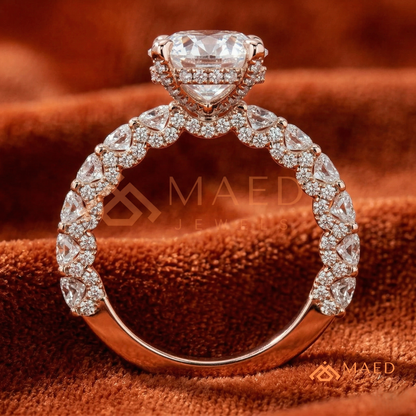 Round Brilliant Cut Engagement Ring with Shared Prong Band | 14k Gold, Rose Gold & Silver
