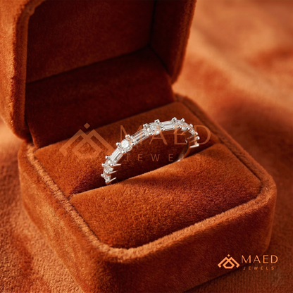Alternating Baguette & Round Cut Diamond Wedding Band | Shared Prong Multi-Stone Anniversary Ring in Silver, 14K Gold, & Rose Gold