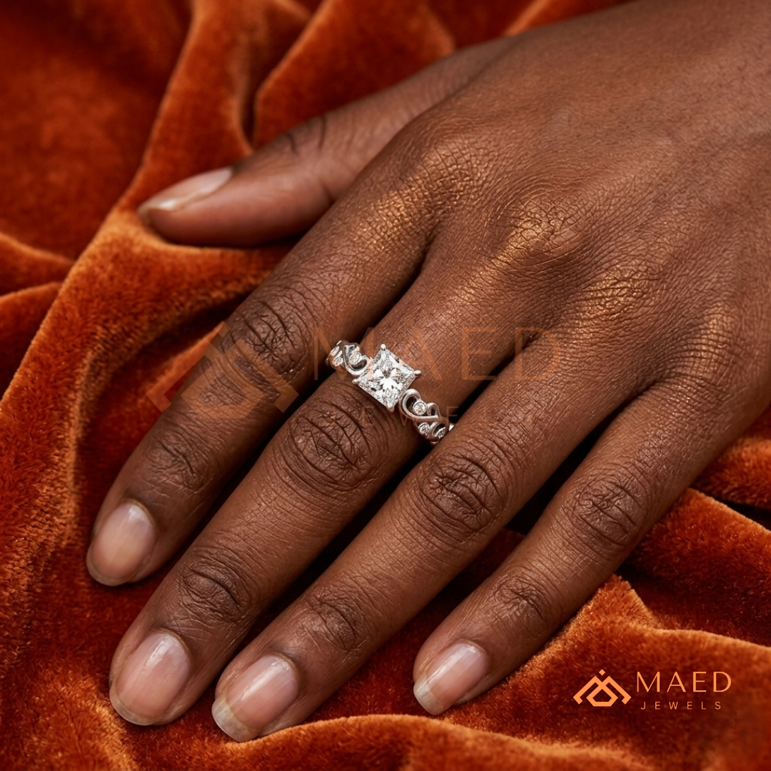 Enchanted Princess Cut Scroll Diamond Simulant Ring in 14K Yellow Gold, Rose Gold & Silver