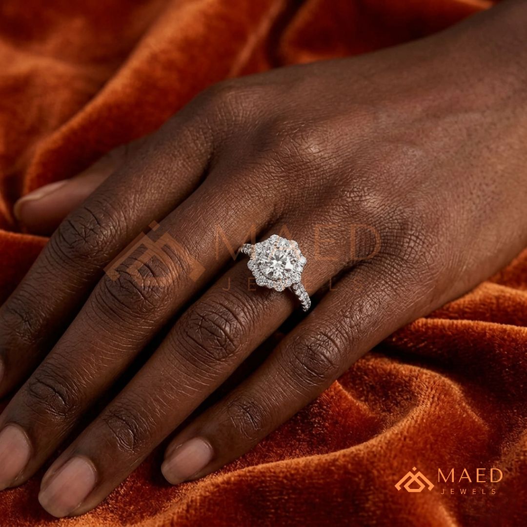 Floral Halo Engagement Ring – Round Brilliant Cut Diamond Ring