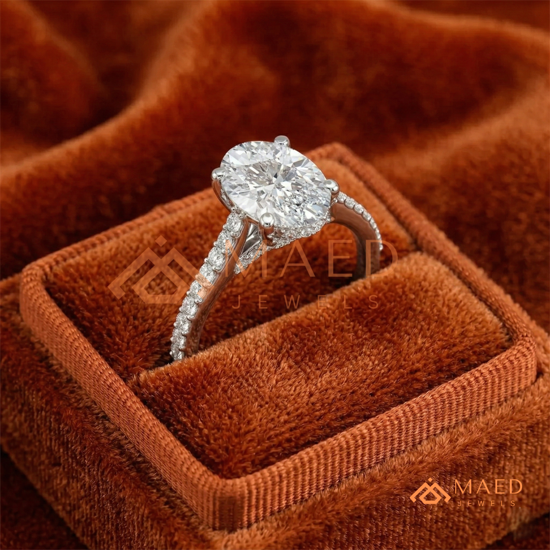 Oval Cut Engagement Ring with Pavé Diamond Band in 14K Gold, Rose Gold & Silver