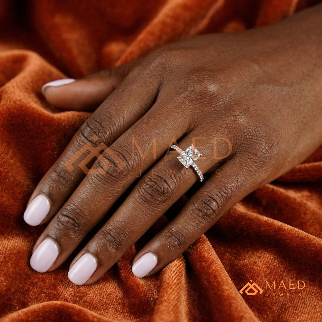 Radiant Cut Moissanite Engagement Ring in Sterling Silver, 14K White Gold & Rose Gold | Hidden Halo Diamond Band For Women