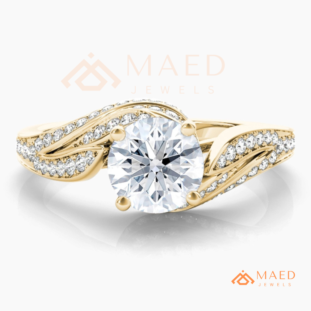 Vintage Bypass Round Cut Engagement Ring with Swirl Pavé Band