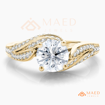 Vintage Bypass Round Cut Engagement Ring with Swirl Pavé Band