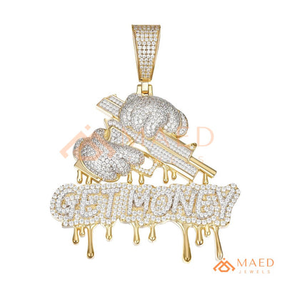 Iced Out "GET MONEY" Drip Pendant – 14K Gold, Rose Gold & Sterling Silver Hip Hop Charm