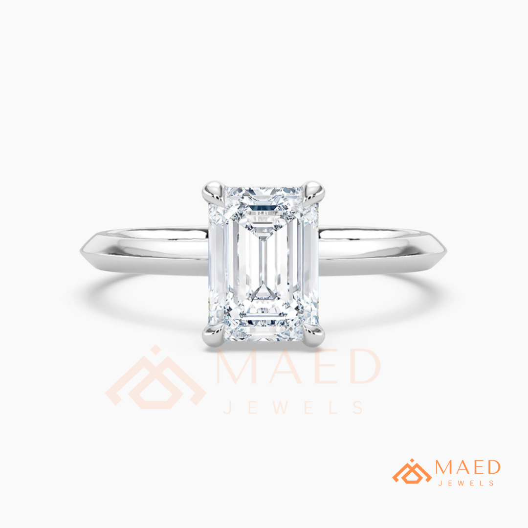 Classic Emerald Cut Solitaire Engagement Ring with Knife-Edge Band in Silver, 14K Gold & Rose Gold
