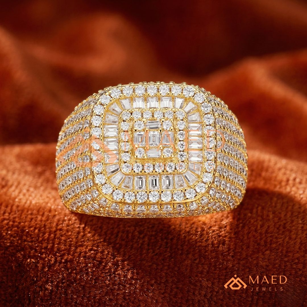 Heavy Multi-Row Baguette & Round Cluster Statement Ring – 14K Gold Wide Pinky Band
