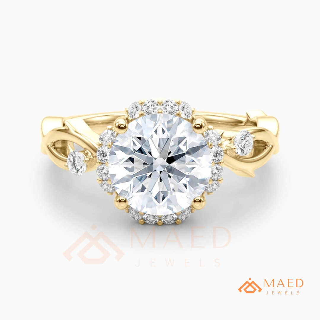 Round Cut Floral Halo Engagement Ring with Twisted Infinty Band in 14K Gold, Rose Gold & Silver