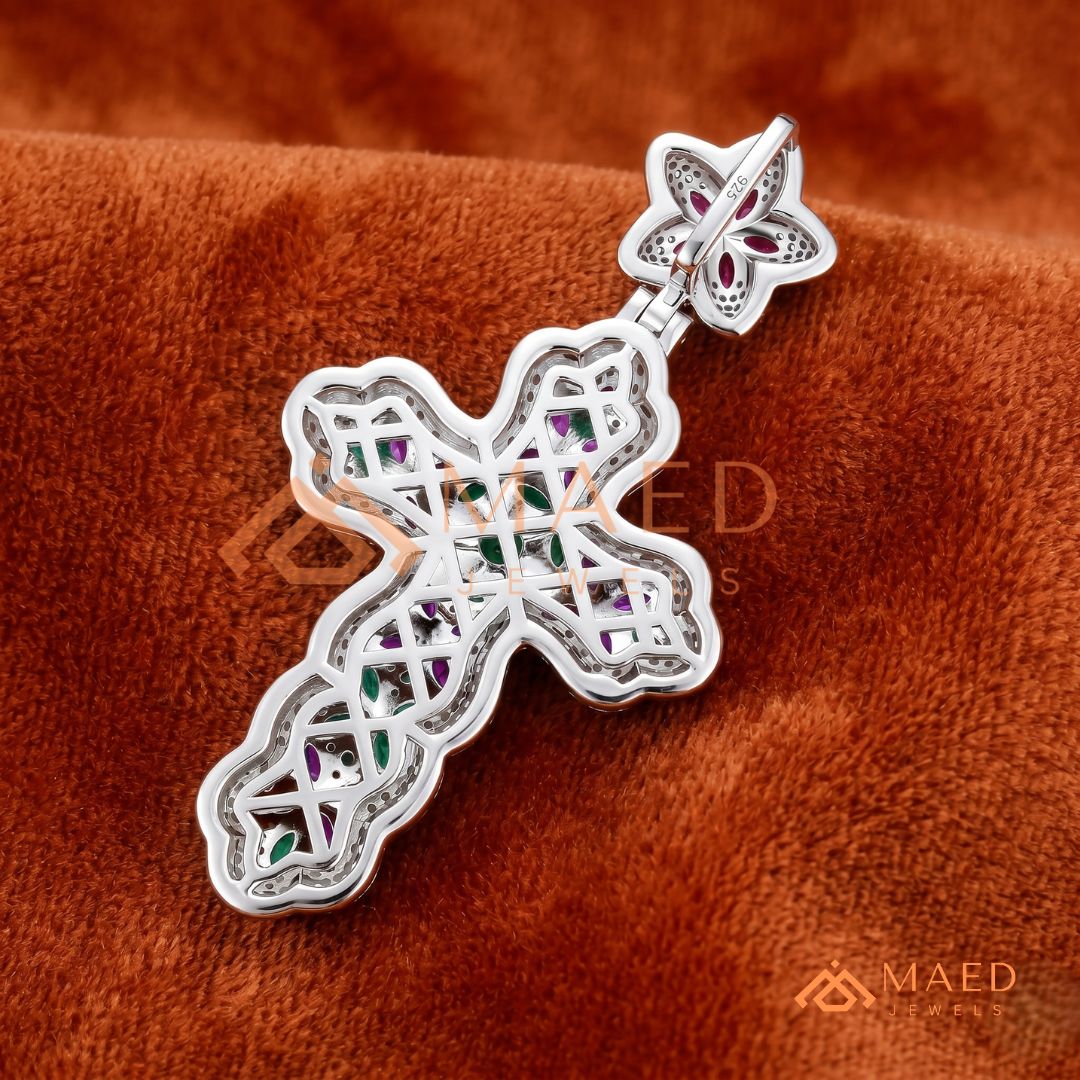Iced Out Baroque Cross Statement Pendant with Pink & Green Stones