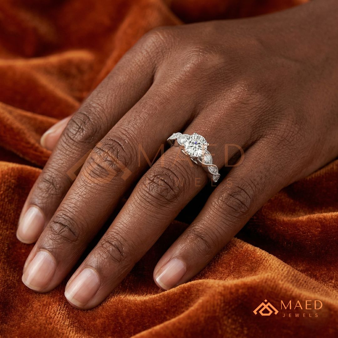Vintage-Inspired Three-Stone Engagement Ring with Milgrain Twisted Band