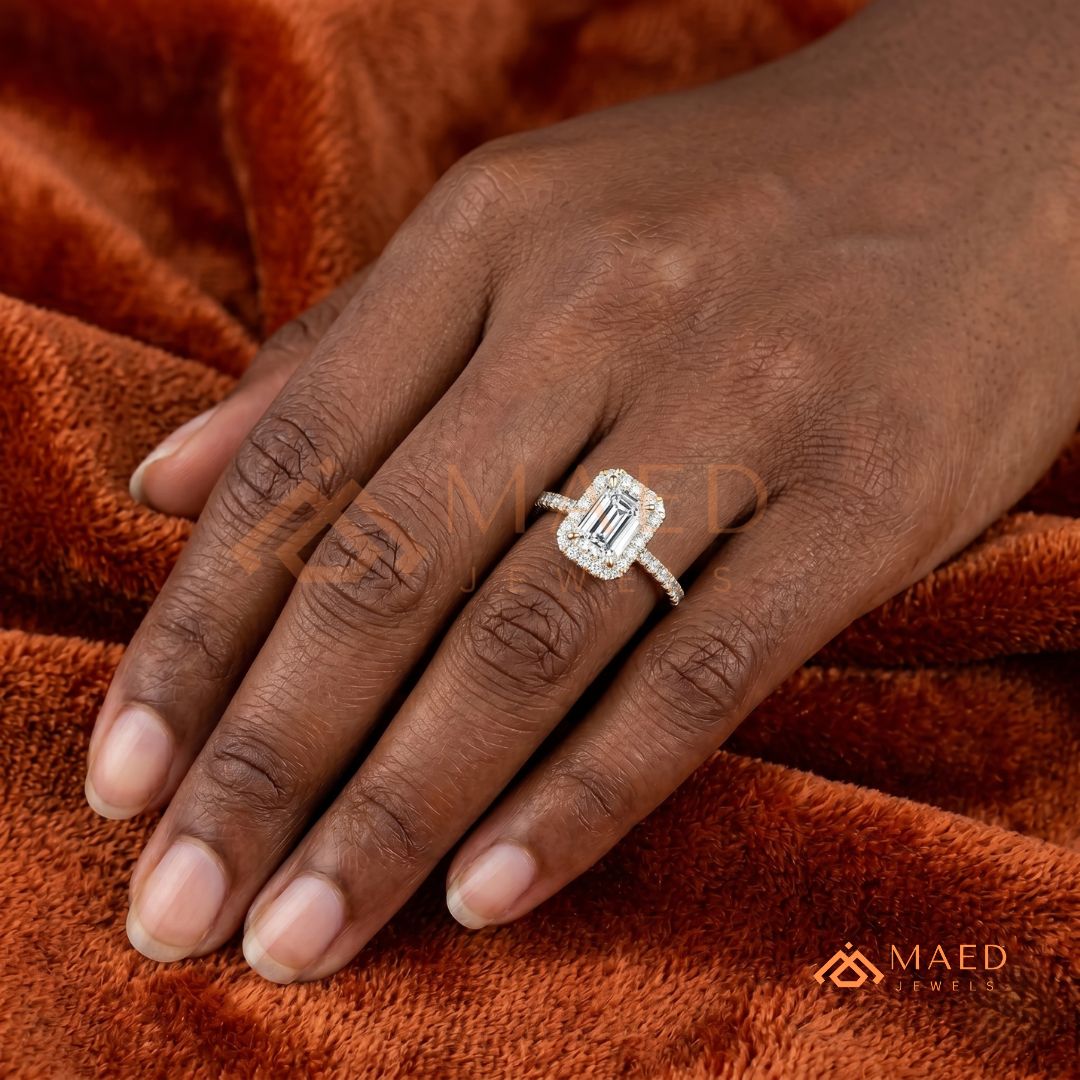 Emerald Cut Halo Engagement Ring in Sterling Silver, 14K Gold & 14K Rose Gold