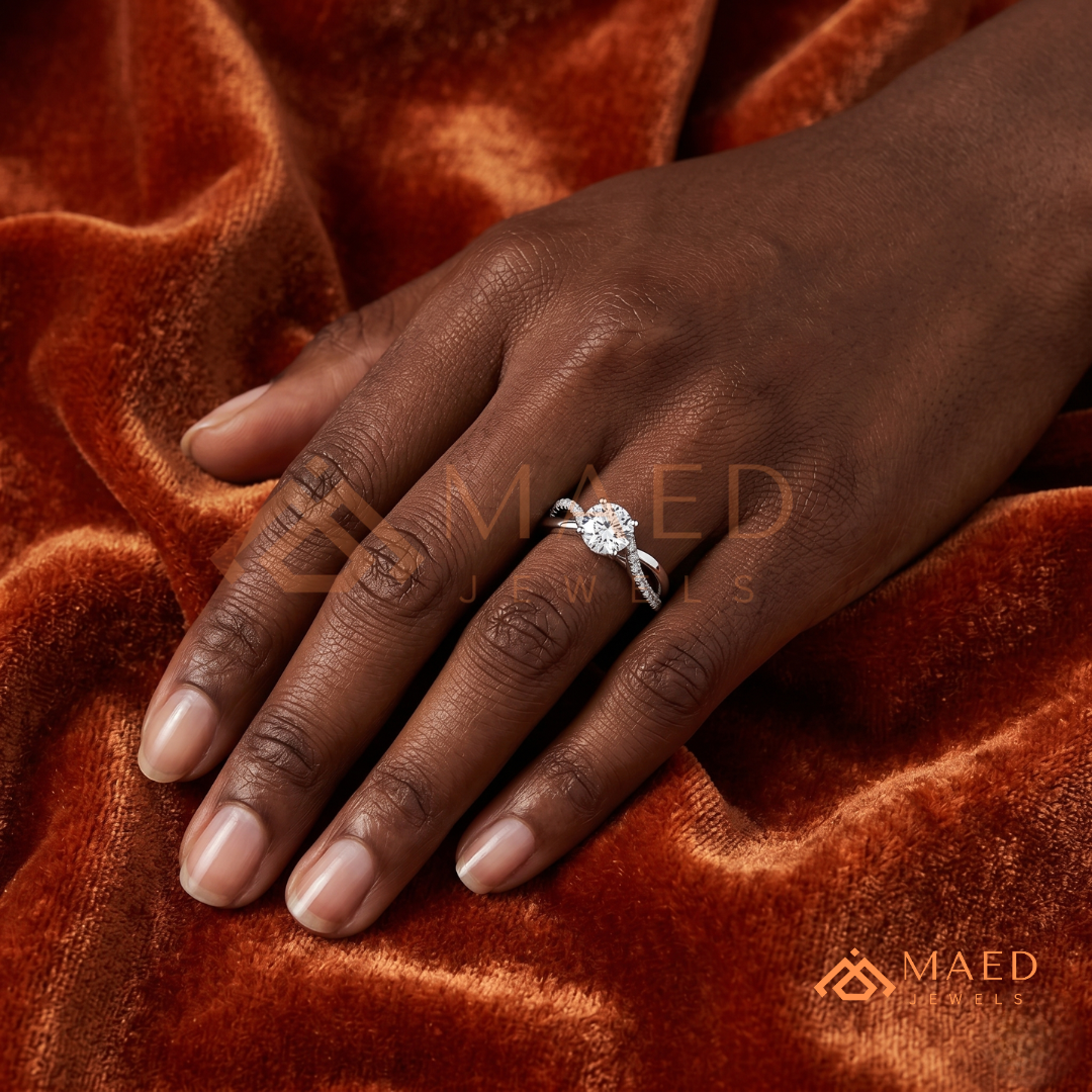 Round Cut Twisted Vine Engagement Ring in 14K Gold, Rose Gold & Sterling Silver | Infinity Pave Wedding Band